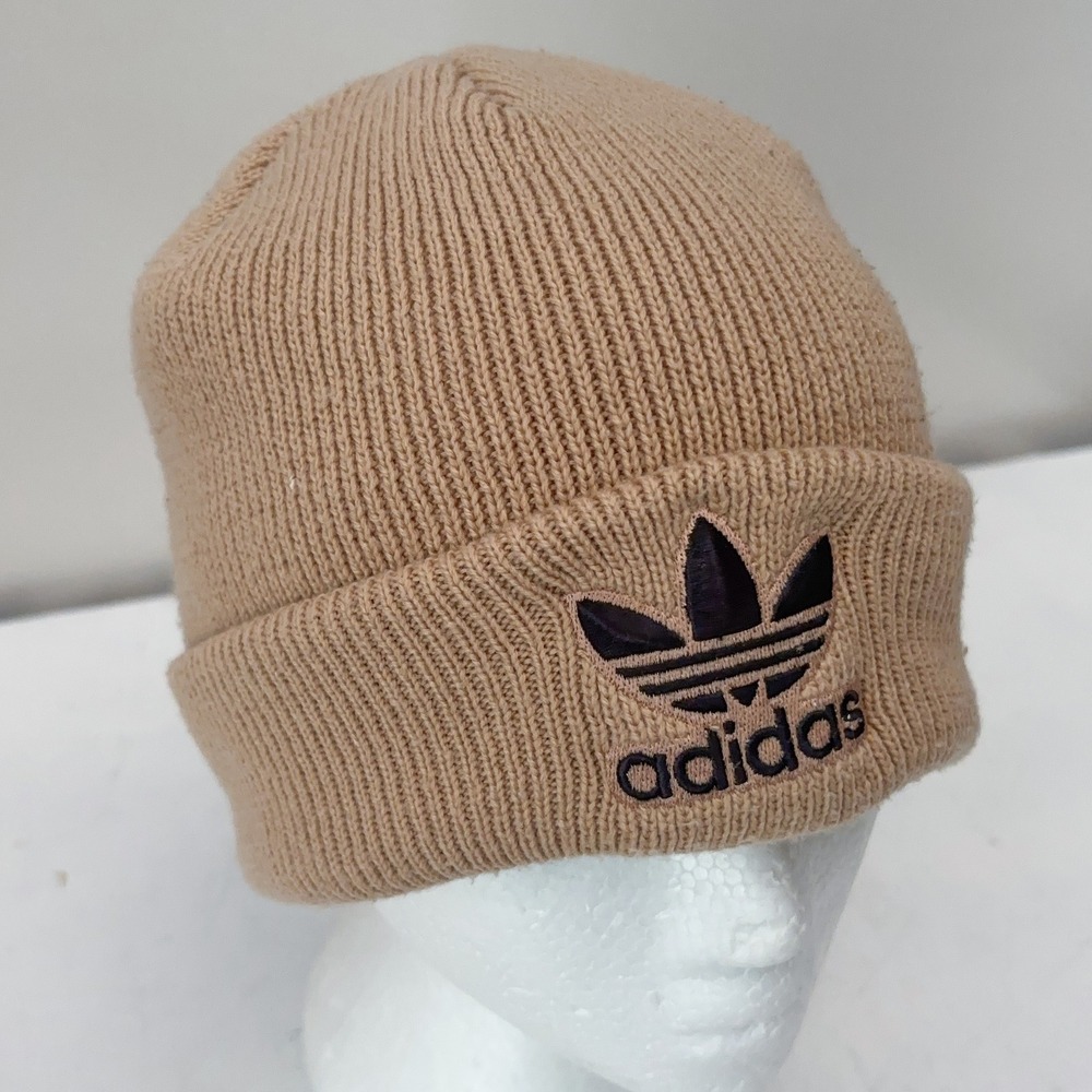 Adidas Beanie Tan Trefoil Logo Ribbed Knit Toque Athleisure Skater